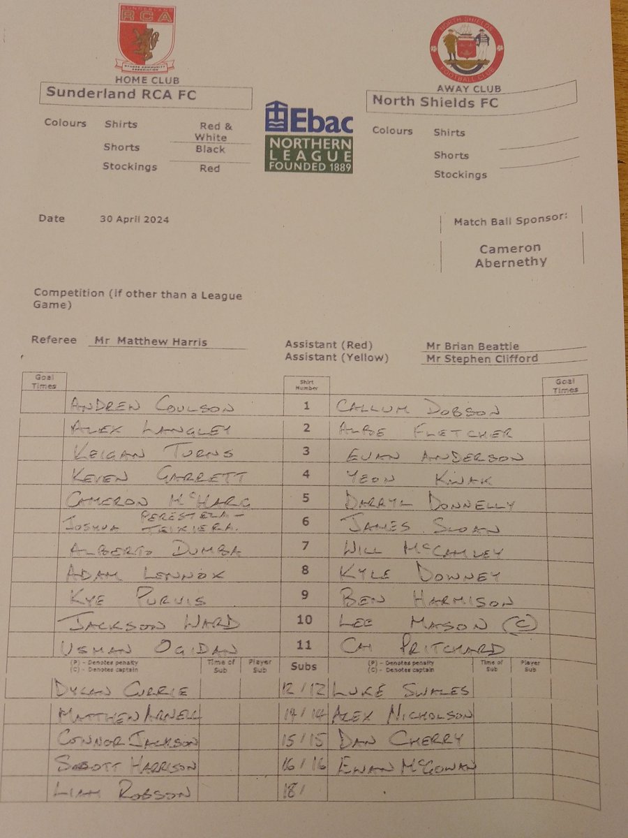 Tonight's teams - Sunderland RCA v North Shields