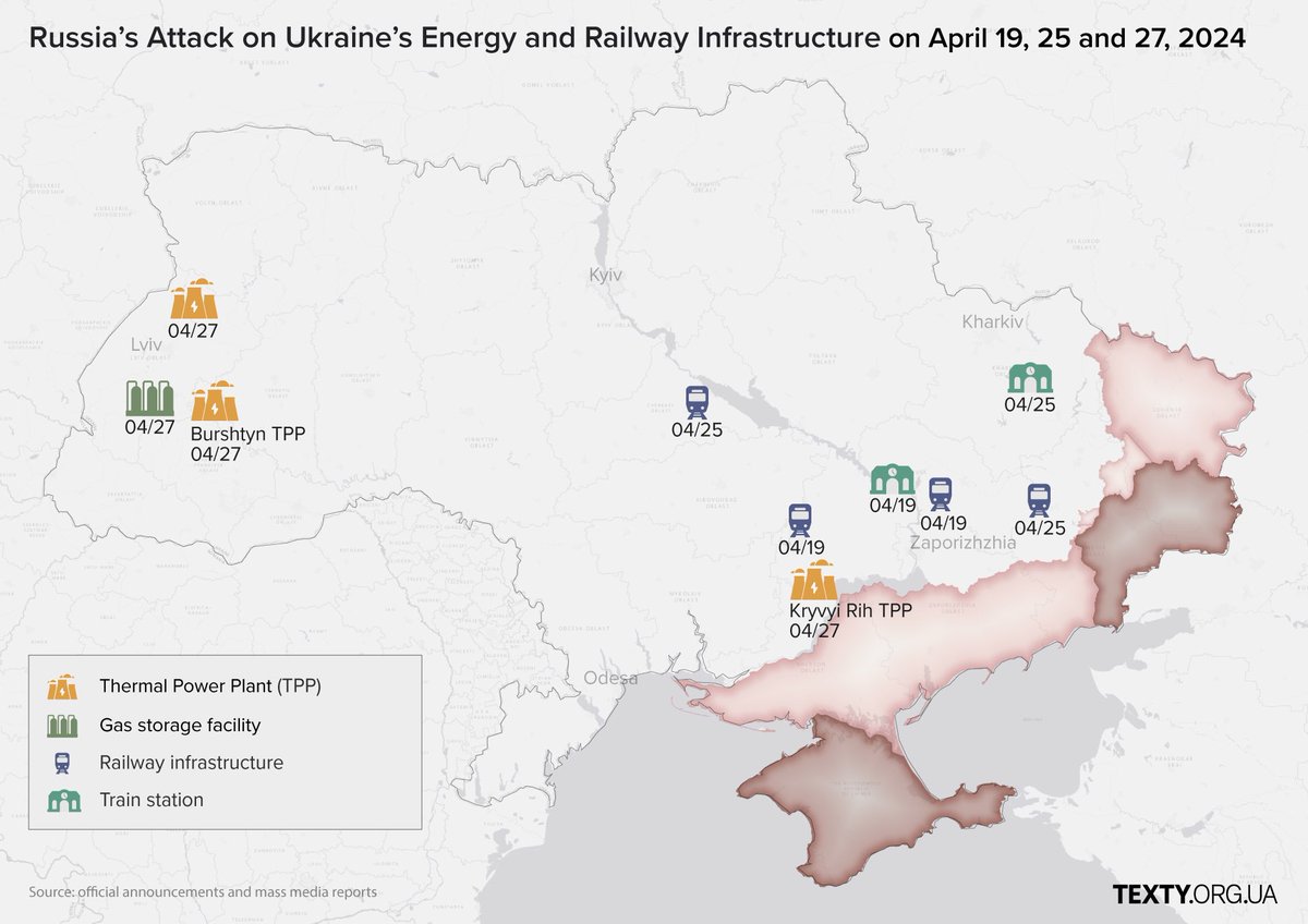 Energy and railway infrastructure — the map of Russia’s attacks in Ukraine on 19, 25 and 27 April 🗺️⤵️ On 19 April, Russian forces targeted Ukrainian railway locations of ‘Ukrzaliznytsia’ in Dnipro and the surrounding region, temporarily halting the operation of a city train…