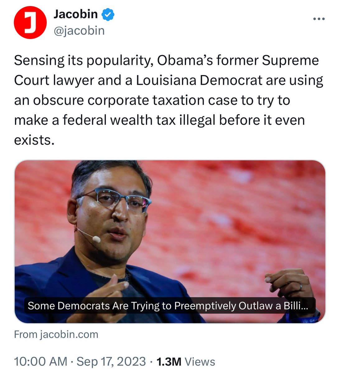 I wonder why Neal Katyal is working to preemptively get the wealth tax declared unconstitutional. 🤔 x.com/neal_katyal/st…