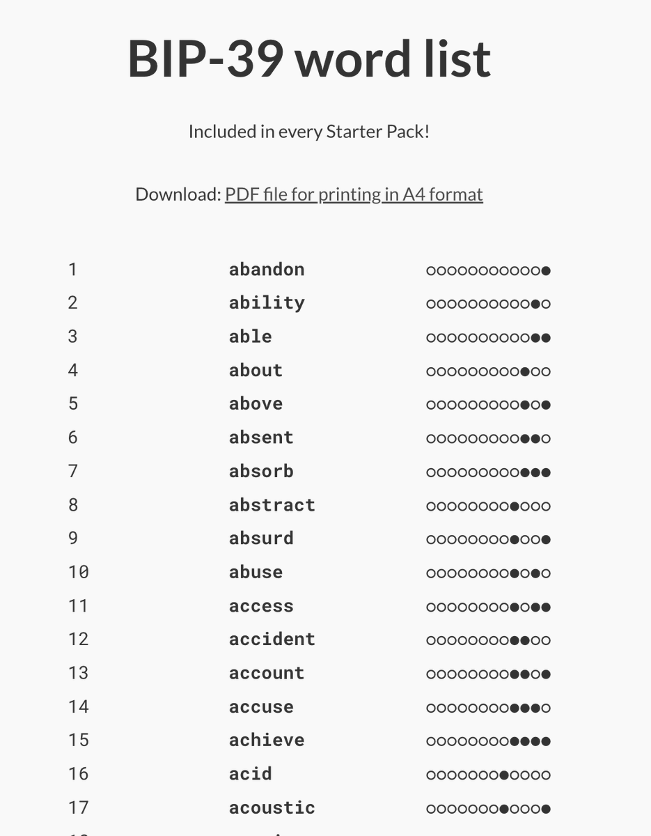 La lista de palabras del BIP39 empieza en el 0 y acaba en la 2047. Palabras  totales: 2048 11111111111 en binario