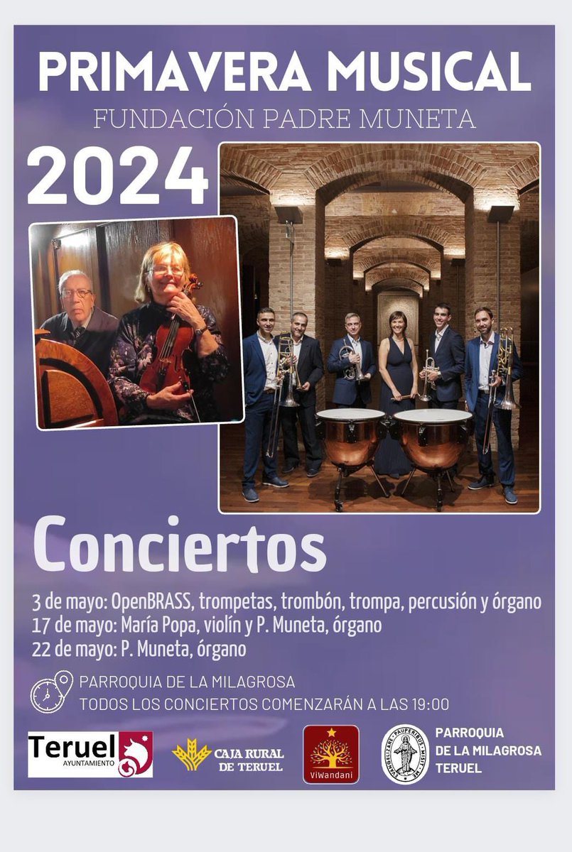 spainopenbrass's tweet photo. Verano significa buen tiempo y… CONCIERTOS!
Nos vemos este viernes día 3 de mayo en la parroquia de La Milagrosa, en Teruel, a las 19:00.
No te lo pierdas!😁
🥳🎺🎹🥁
.
.
.
#openbrass #spainopenbrass #brass #trumpet #trombone #drums #stomvi #upsound #upsoundexperience #music https://t.co/FUfK2dBQw9