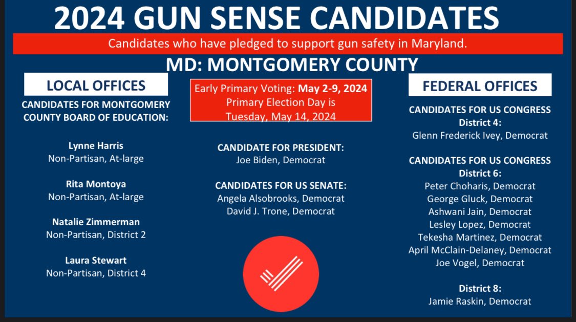 In 2 weeks our primary is over! 

Here are the Gun Sense Candidates for MoCo, as of today. They have pledged to lead with gun safety as a priority. 

More counties in thread. 1/
#MDpolitics #MDSen