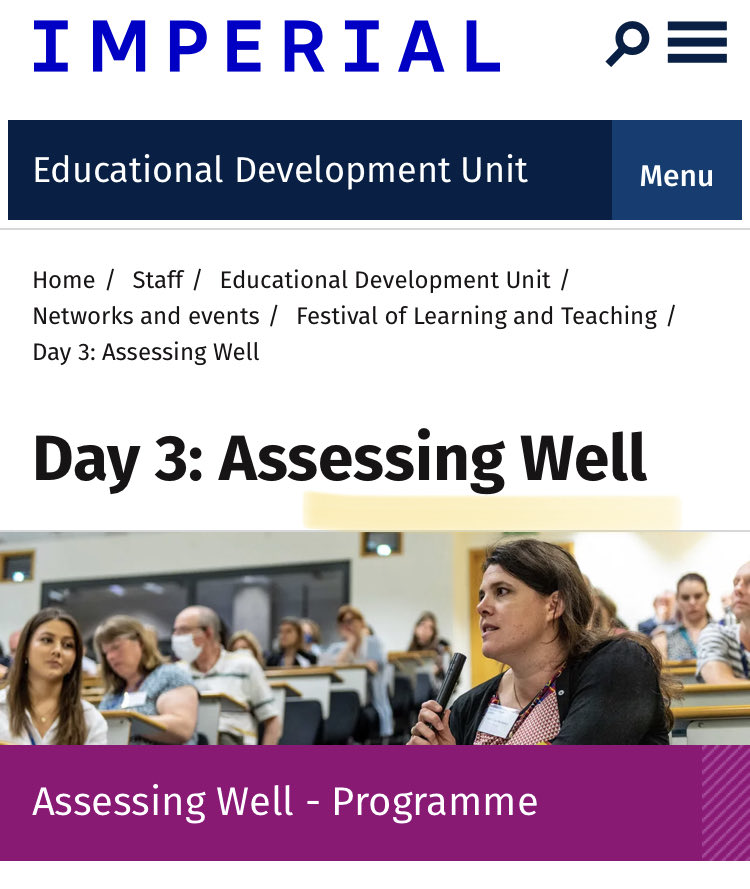 Tomorrow is Day 3 of the Festival of Learning and Teaching at ⁦@imperialcollege⁩ on Assessing Well. Come see me and ⁦@esther_perea⁩ present our work on the assessment of professional skills and competencies ⁦@aeroimperial⁩ ⁦@imperialeee⁩