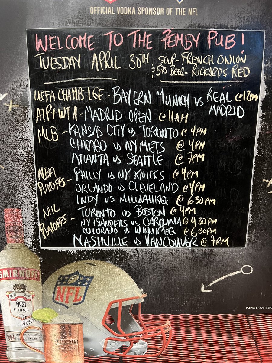 A great day to visit @ThePembyPub We open at 11:30am French Onion Soup today! Join us for @ChampionsLeague semis at noon @MLB with @BlueJays at 4pm #NBAPlayoffs at 4pm #StanleyCupPlayoffs @NHLBruins vs @MapleLeafs 4pm @PredsNHL vs @Canucks at 7pm #pembypub #NorthVan #GoCanucksGo
