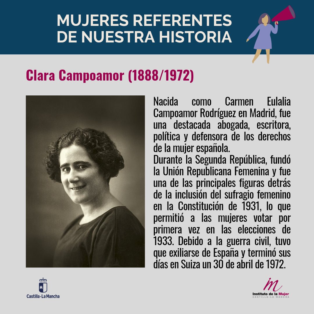 🟣#MujeresReferentes 🟣📆 Hoy terminamos el día rindiendo tributo a Clara Campoamor, abogada y defensora de los derechos de las mujeres. Coincidiendo con su fallecimiento hace 52 años, recordamos su legado y su trabajo por el sufragio femenino. Una referente de nuestra historia⤵️