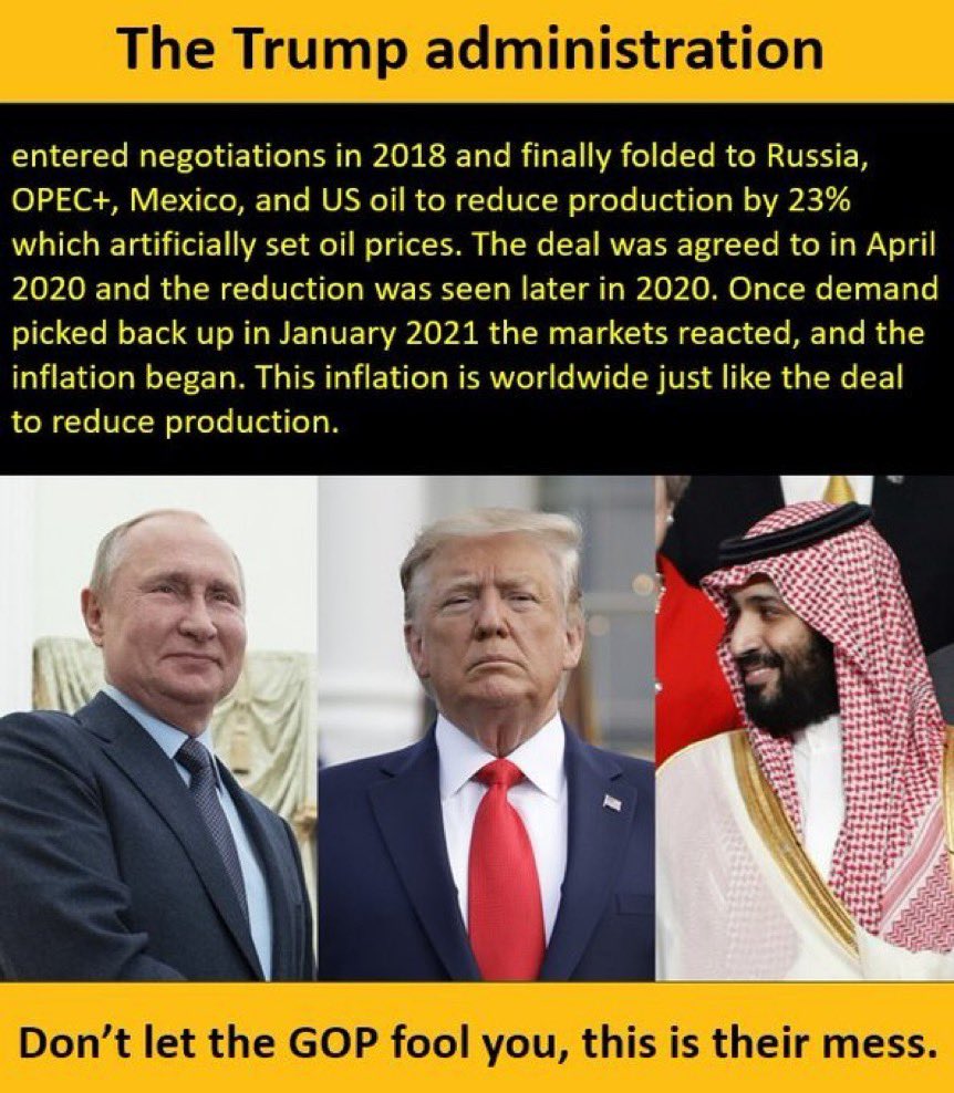 @Diane_Jackson7 Diane,
If inflation and high oil prices happened as soon as Biden came into office, wouldn't it make sense that the problems precipitated from something Trump did?
Trump cut taxes on billionares, imposed tariffs, and cut world oil production by embargoing oil producing countries!