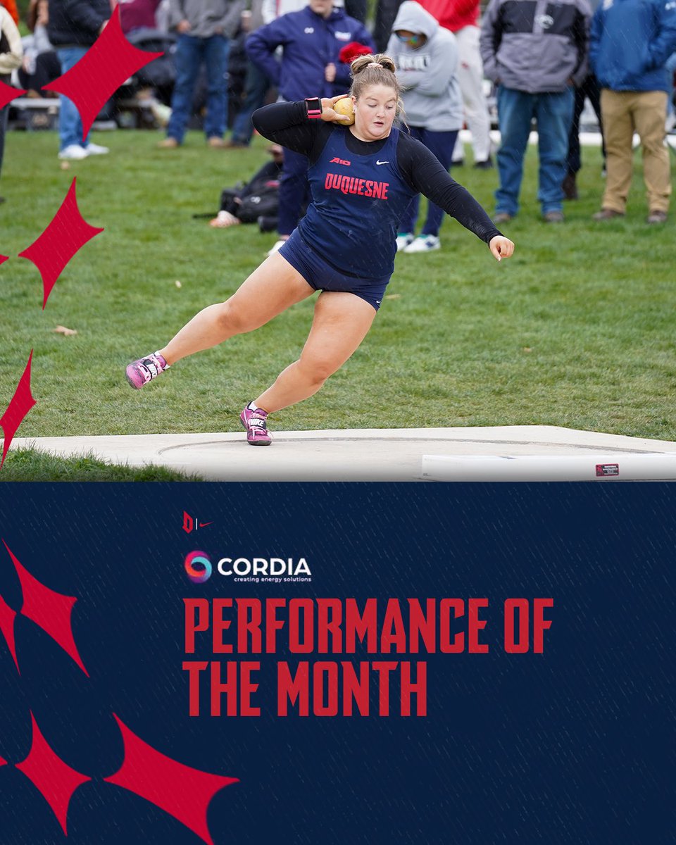 Congrats to the women’s Cordia Performance of the Month! 🏆 @DuqXCTF’s Madelyn Moretti shattered her own school record in the shot put at the Red Flash Open with a 14.72m mark. #GoDukes