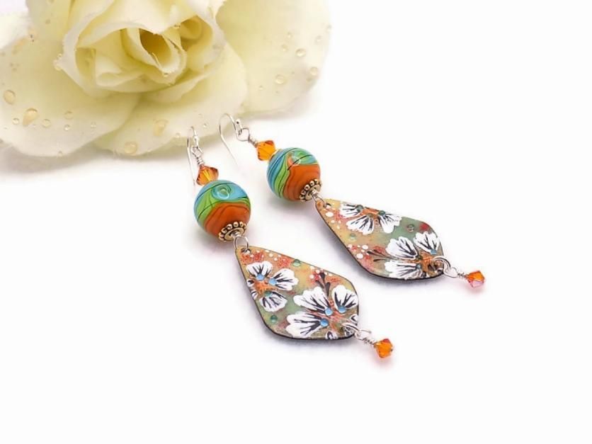 Artisan #Floral #Earrings, #Orange Turquoise #Lampwork Beads, #Handmade Summer Jewelry bit.ly/WhiteFloralSum… #cctag @Victorian_ST
