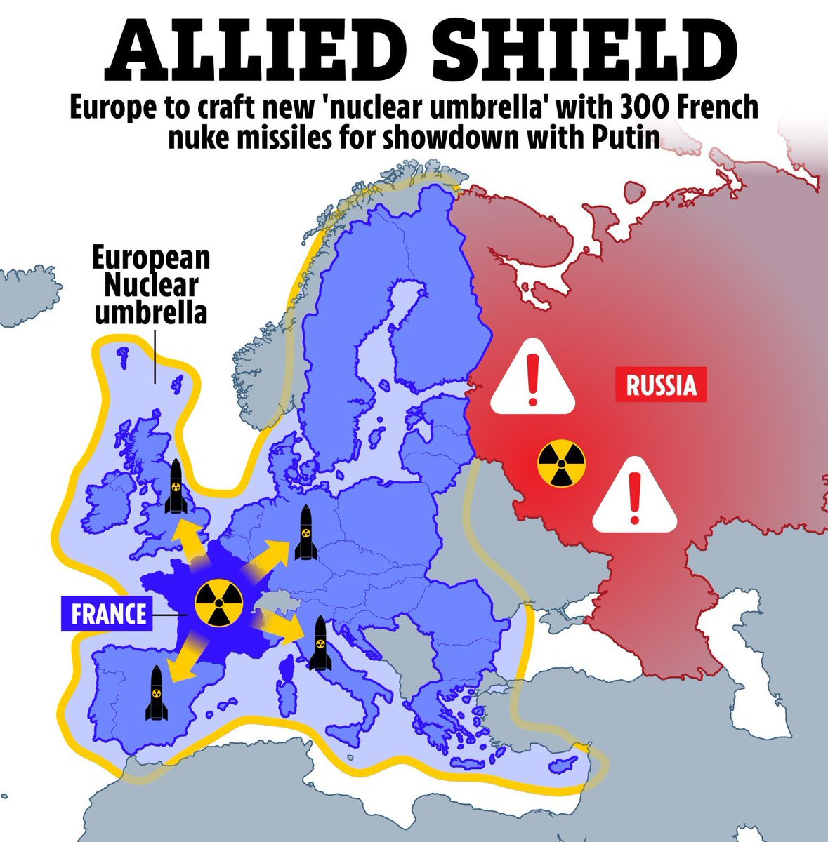 Europe planning new ‘nuclear umbrella’ with 300 French nuke missiles spread across continent for showdown with Russia the-sun.com/news/11216916/…