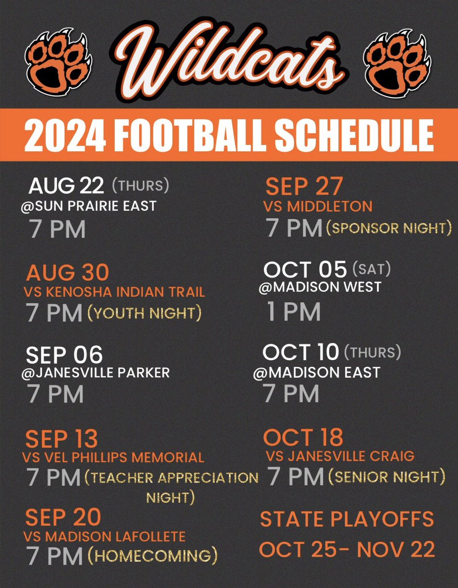 ‼️SCHEDULE CHANGE‼️
Game against Madison West is now 1 PM‼️Let's run it back cats 🔥🔥 #wisfb #runitback