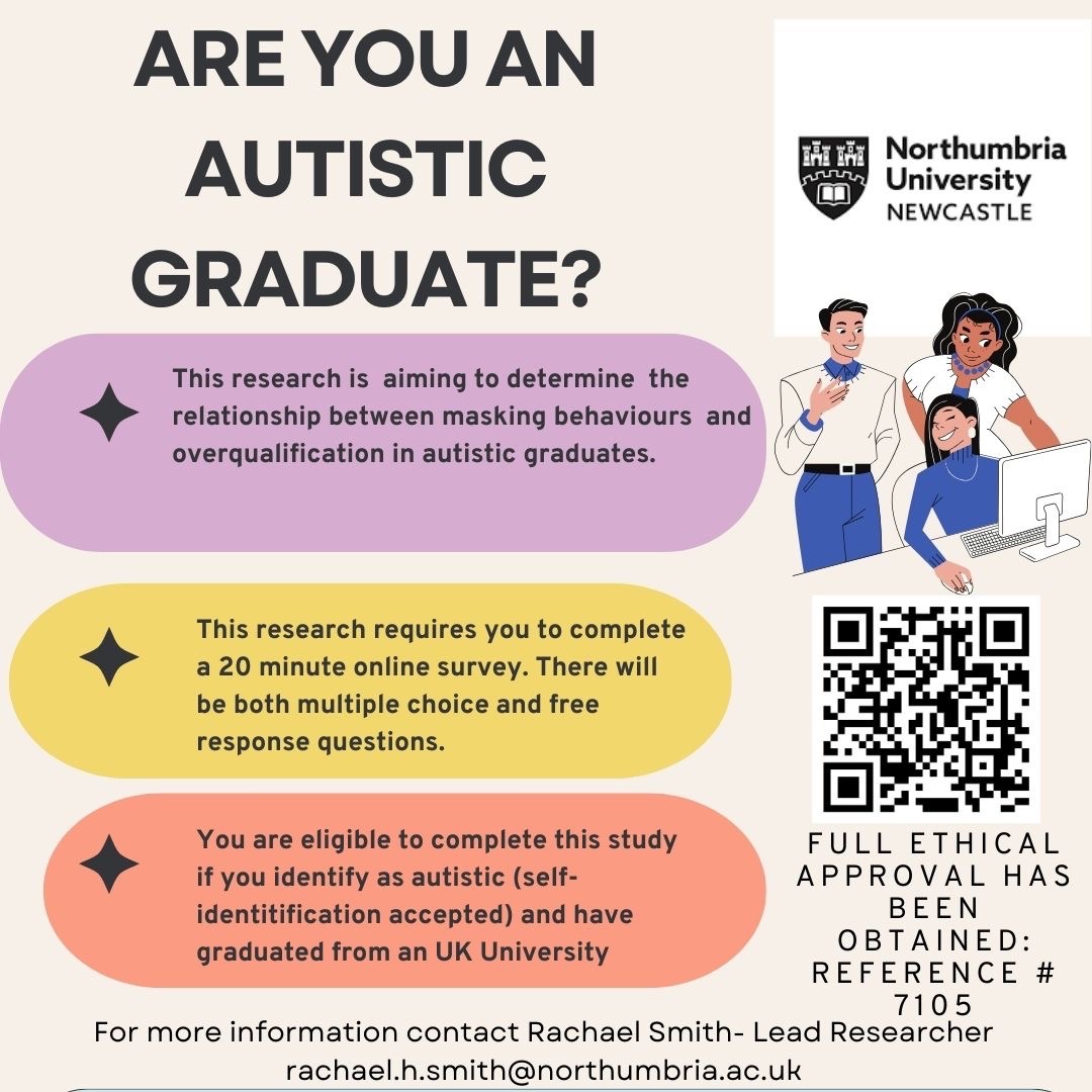 I am recruiting participants for my thesis study about the workplace experiences of autistic graduates. Please RT and share with anyone you think would be interested @AutisticGirls_ #AskAutistics #Autism The link to take part and Alt text for study advert are in the comments.