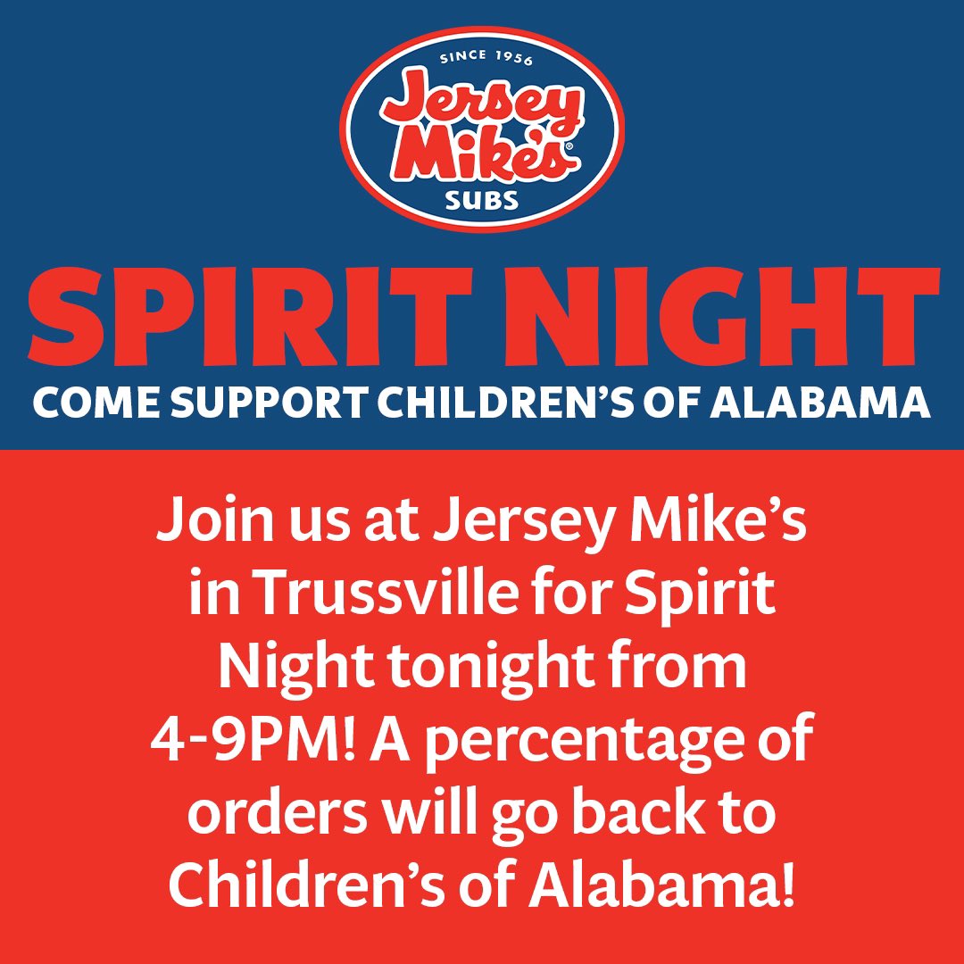 #INDYBHM is supporting @ChildrensAL and hosting a Spirit Night at Jersey Mike’s in Trussville tonight from 4-9PM! 🎉 You must present this graphic or mention the fundraiser at the time of purchase ‼️ For online orders, use the code “SPIRITNIGHT12031” in the special