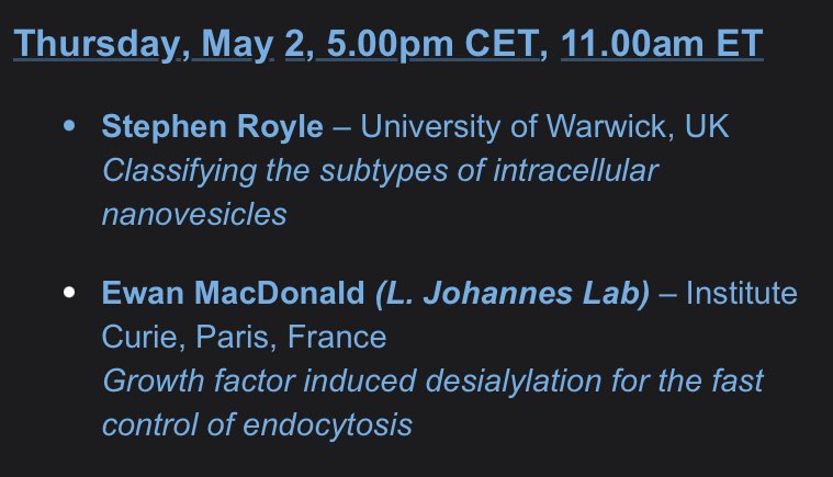 #membrane seminars are back THIS THURSDAY! Great lineup with @clathrin and Ewan MacDonald!