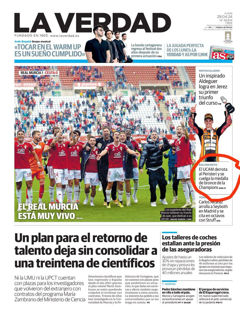 Comunicado de las Peñas de UCAM Murcia 

Manifestamos nuestra tristeza ante la falta de relevancia dada en portada de @laverdad_es del pasado lunes al éxito deportivo de @UCAMMurcia en la Final4 celebrada en Belgrado como cierre del @BasketballCL, competición internacional @FIBA