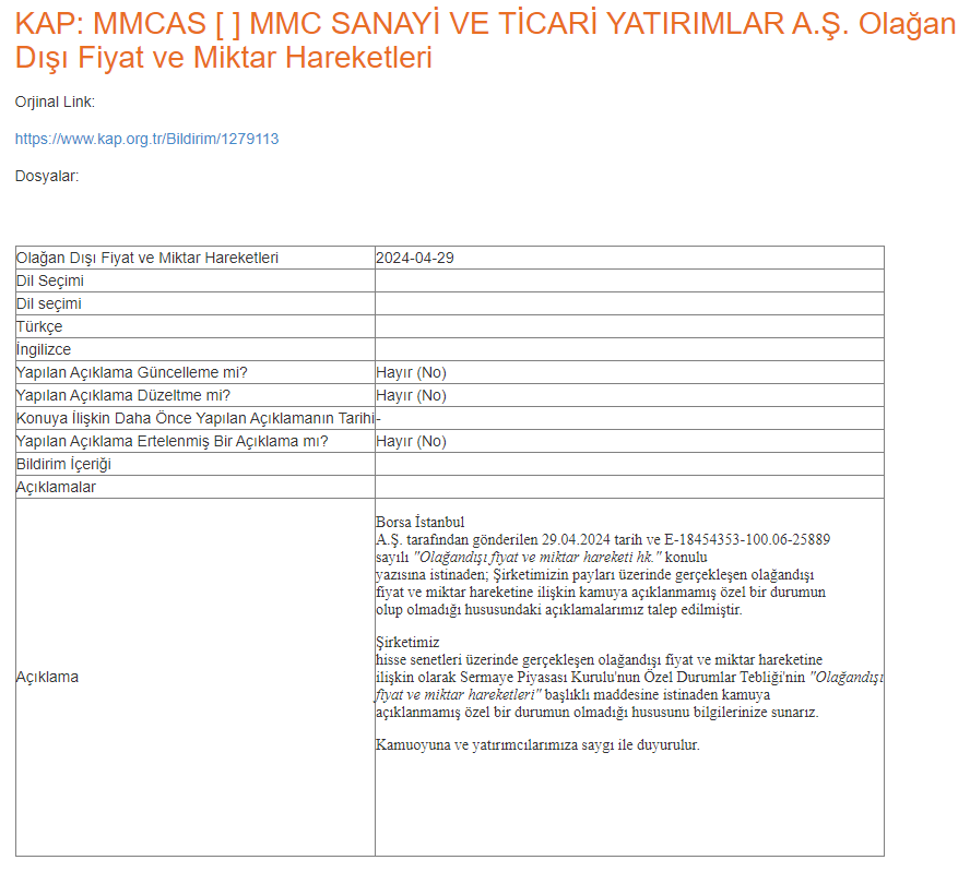 KAP: MMCAS [ ] MMC SANAYİ VE TİCARİ YATIRIMLAR A.Ş. Olağan Dışı Fiyat ve Miktar Hareketleri #mmcas