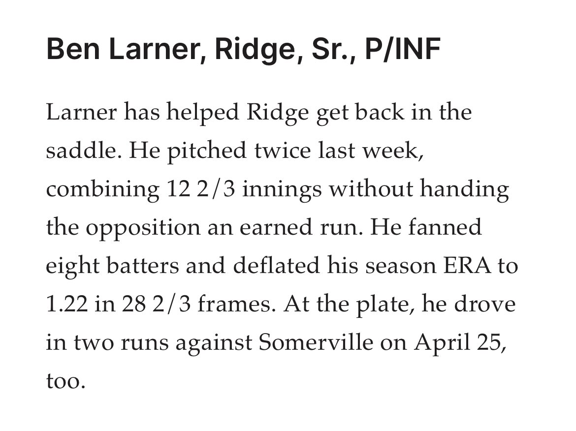 Congrats to Ben Larner on his nj.com selection for “Players Of The Week” in the Skyland Conference.