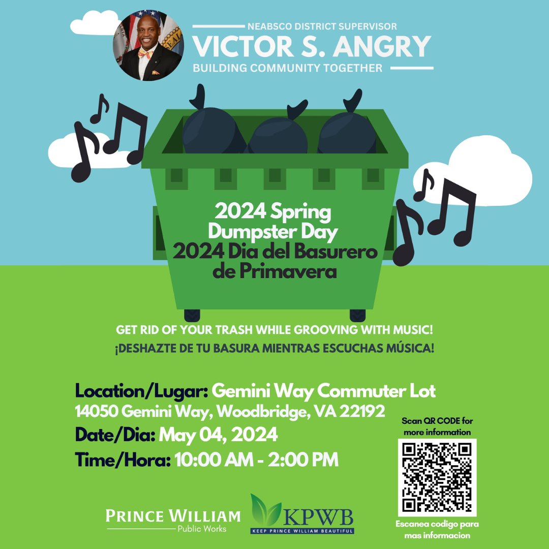 pwcgbc's tweet image. Do you have large broken items to toss? Or want to plan a cleanup for your street? Take advantage of Dumpster Day!

On May 4th, you can bring your trash and debris to the Gemini Way Commuter Lot from 10 AM TO 2 PM to have taken away for free. See you there!