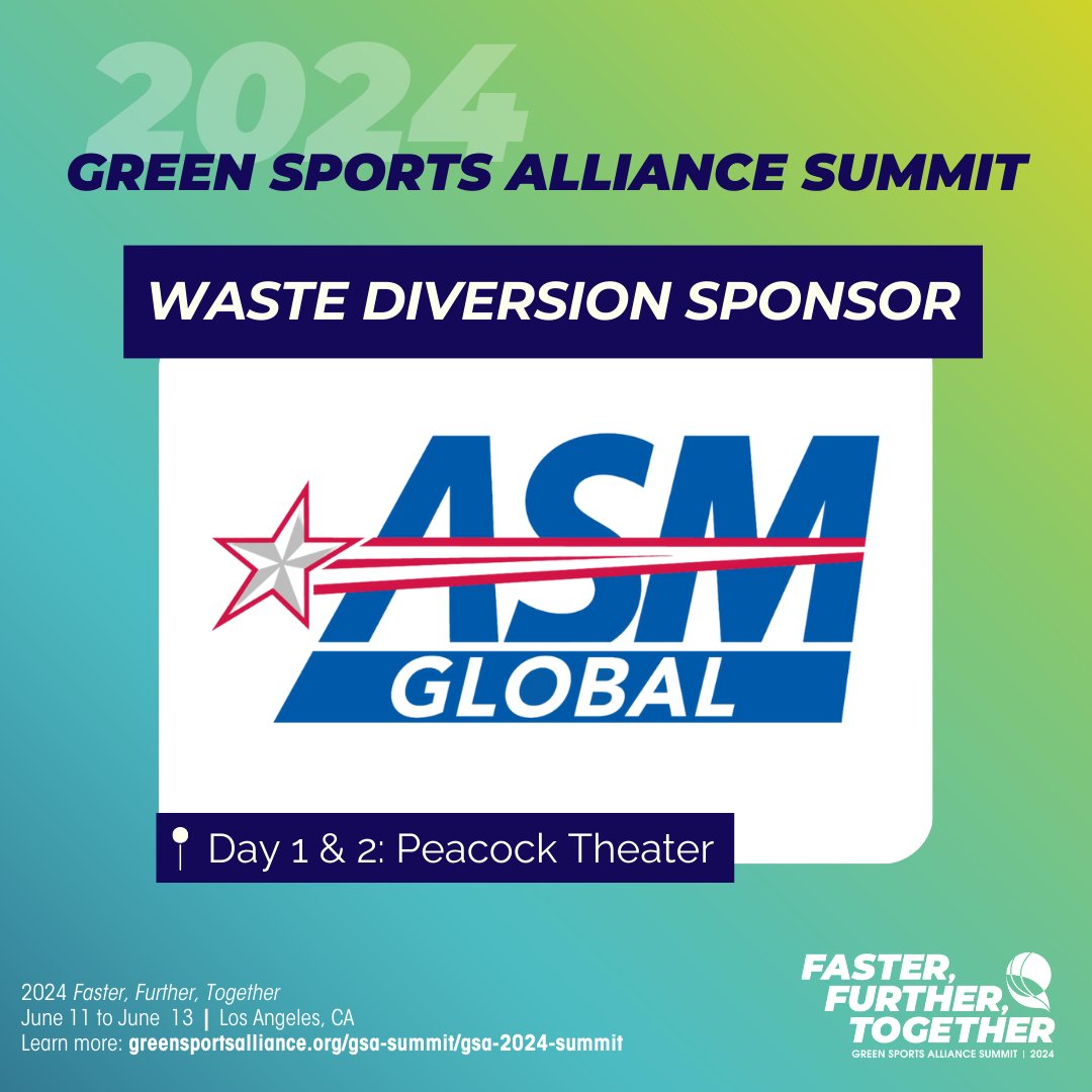 Welcome @asmgloballive as our Waste Diversion sponsor for 2024 Green Sports Alliance Summit: Faster, Further, Together. Thank you to #ASMglobal for supporting #GreenSports.

We look forward to seeing you in LA. Click here to secure your ticket 🔗 greensportsalliance.org/gsa-summit/202…