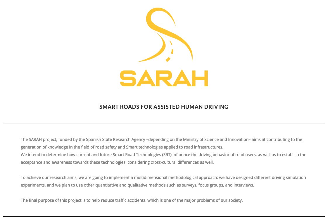 <a href="/luigi_dellolio/">Luigi dell'Olio</a> <a href="/sumlabUC/">SUM+LAB</a> <a href="/UDC_gal/">Universidade da Coruña</a> <a href="/La_UPM/">Universidad Politécnica de Madrid</a> El trabajo premiado de <a href="/frangioi/">Francesco Angioi</a> en el #CampusFIT24 se enmarca dentro del proyecto #Sarah (SmArt Roads for Assisted Human driving)

Este proyecto está liderado por los profesores de <a href="/CanalUGR/">Universidad Granada</a> Rocío de Oña (<a href="/Rocio_de_Ona/">Rocio de Oña Lopez</a>) y Leandro L. di Stasi