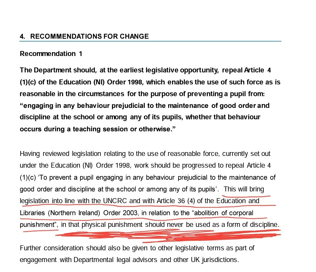 On #EndCorporalPunishment day our Education Minister responded to @PMcReynoldsMLA question stating that corporal punishment doesn't occur in our schools.

Yet his own department acknowledged how Art.4(1)(c) wording is not in line with UNCRC.

End the harm. Remove the loophole!