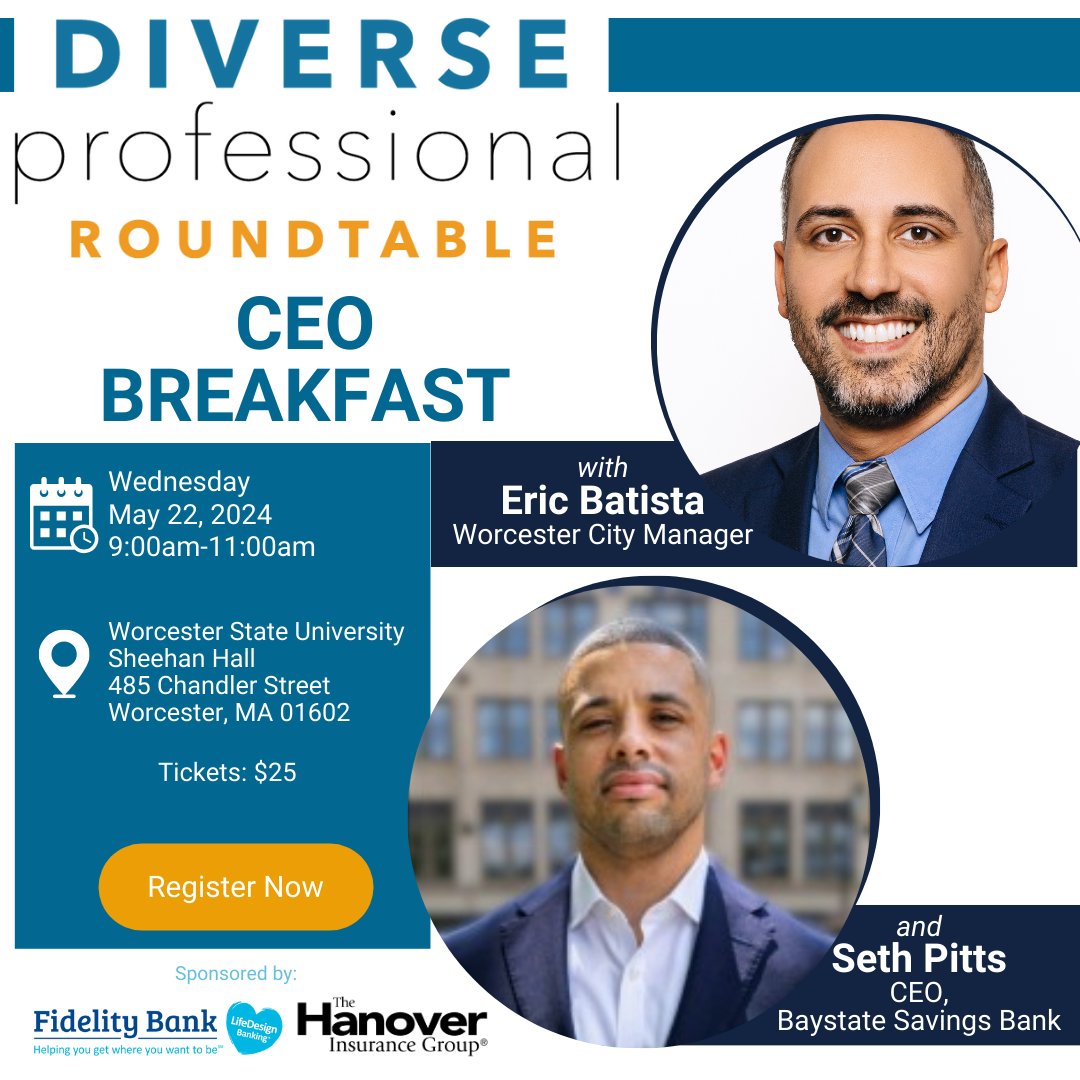 Save the DPR Table CEO Breakfast! Register for this insightful event, which will share important challenges and strategies for advancing as a Senior Leader & CEO. 🗓 Wednesday, May 22 ⏰ 9:00 AM - 11:00 AM Sponsored by @The_Hanover & @FidelityBankMA business.worcesterchamber.org/events/details…