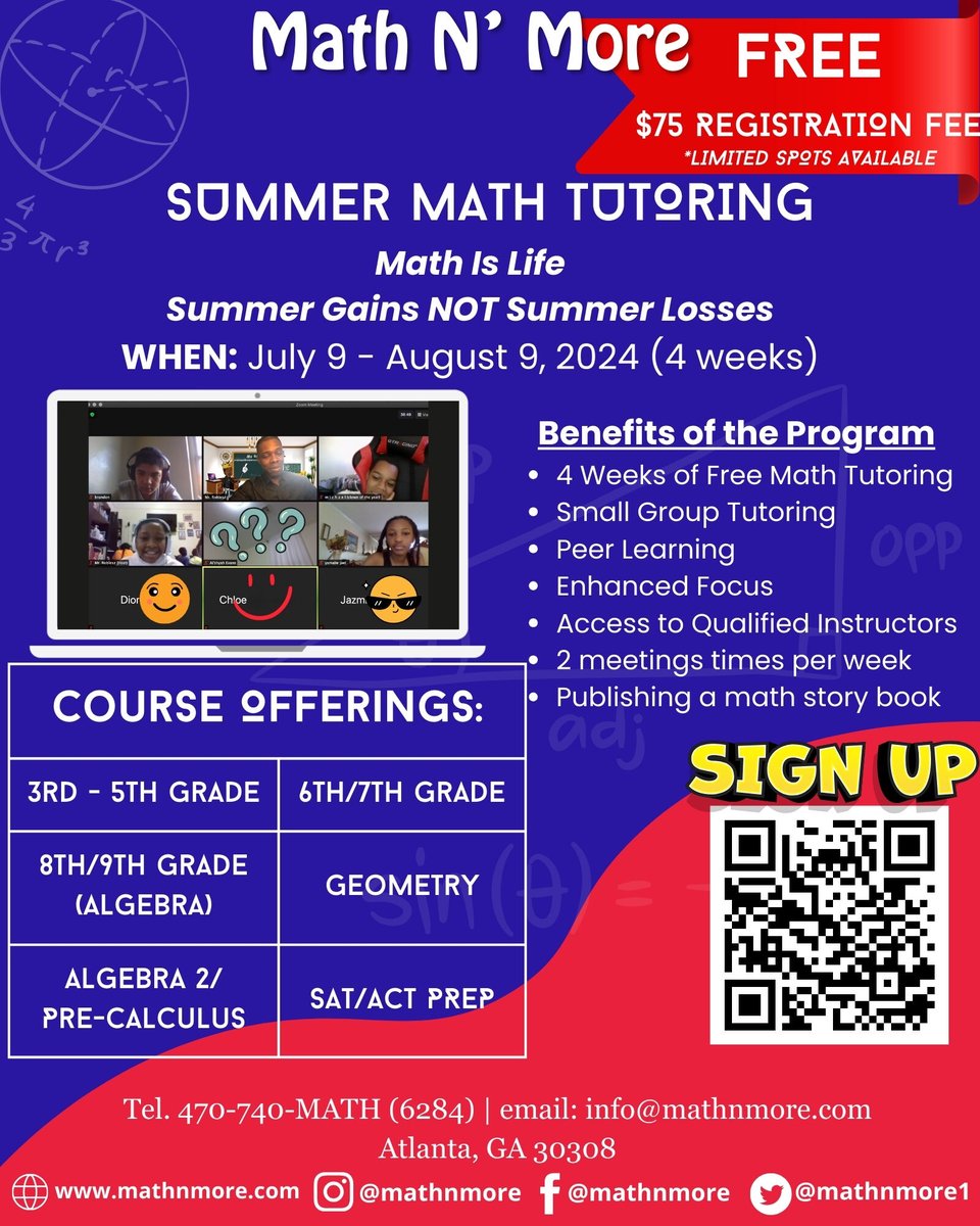 Get set for summer success with Math N’ More's 2nd Annual Summer Readiness Program! Dive into 6 Math classes, SAT/ACT prep led by UPenn's Ms. J. Parks. Enjoy #FREE tutoring! $75 reg fee grants access all summer. July 9 - August 9, times #TBD. #MathNMore #SummerTutoring #SATprep