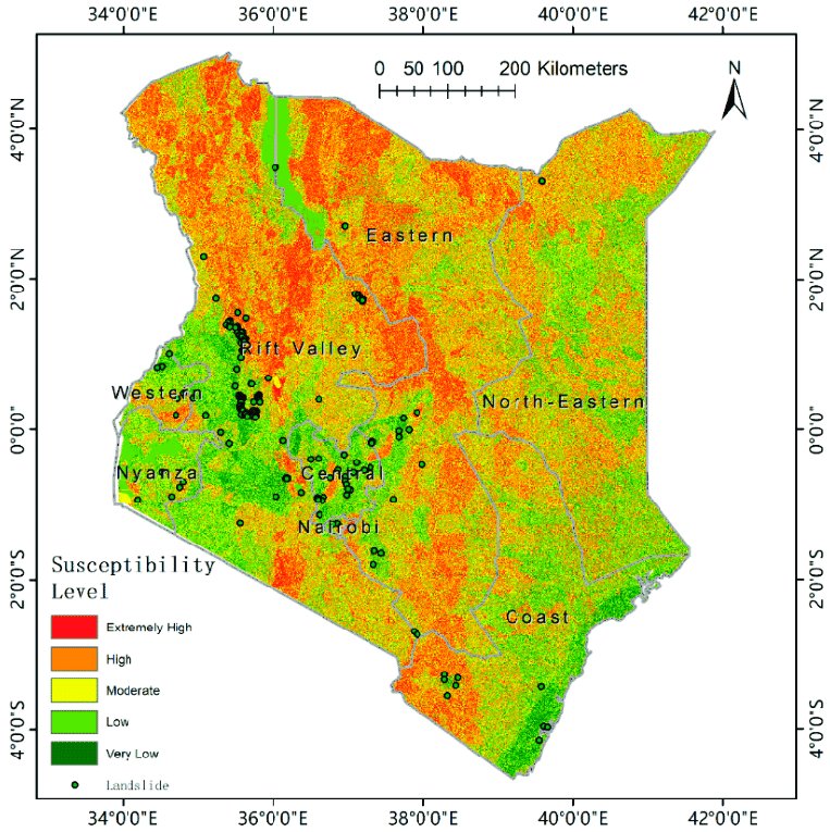 Academics at Hunan University in China have mapped historical landslide locations in Kenya (Frame 1) and used Fuzzy model to predict susceptibility (Frame 2).