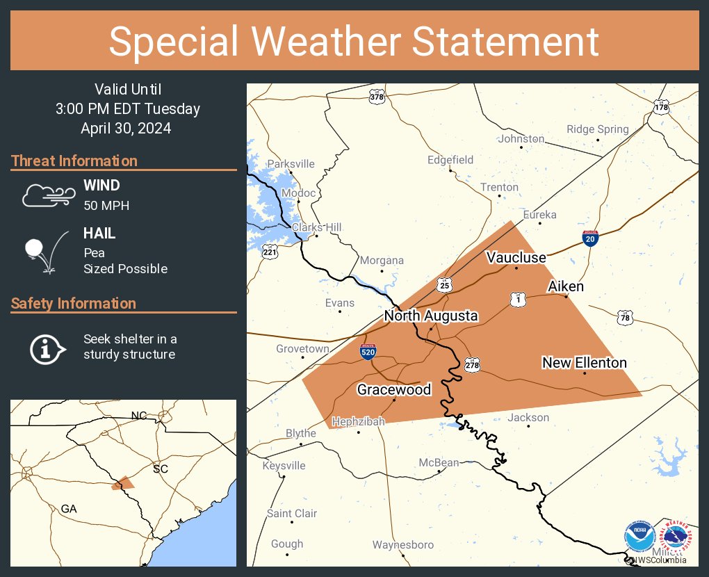 A special weather statement has been issued for Aiken SC, North Augusta SC and Belvedere SC until 3:00 PM EDT