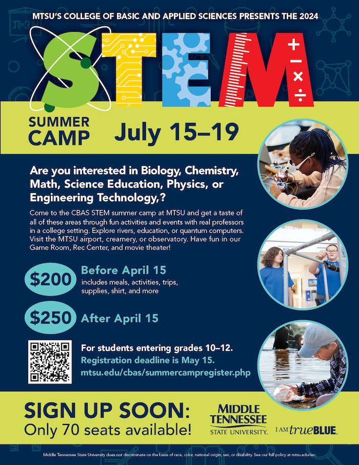 Do you know high school students ready for some #handson STEM w/@MTSU profs this summer? Register by May 15!