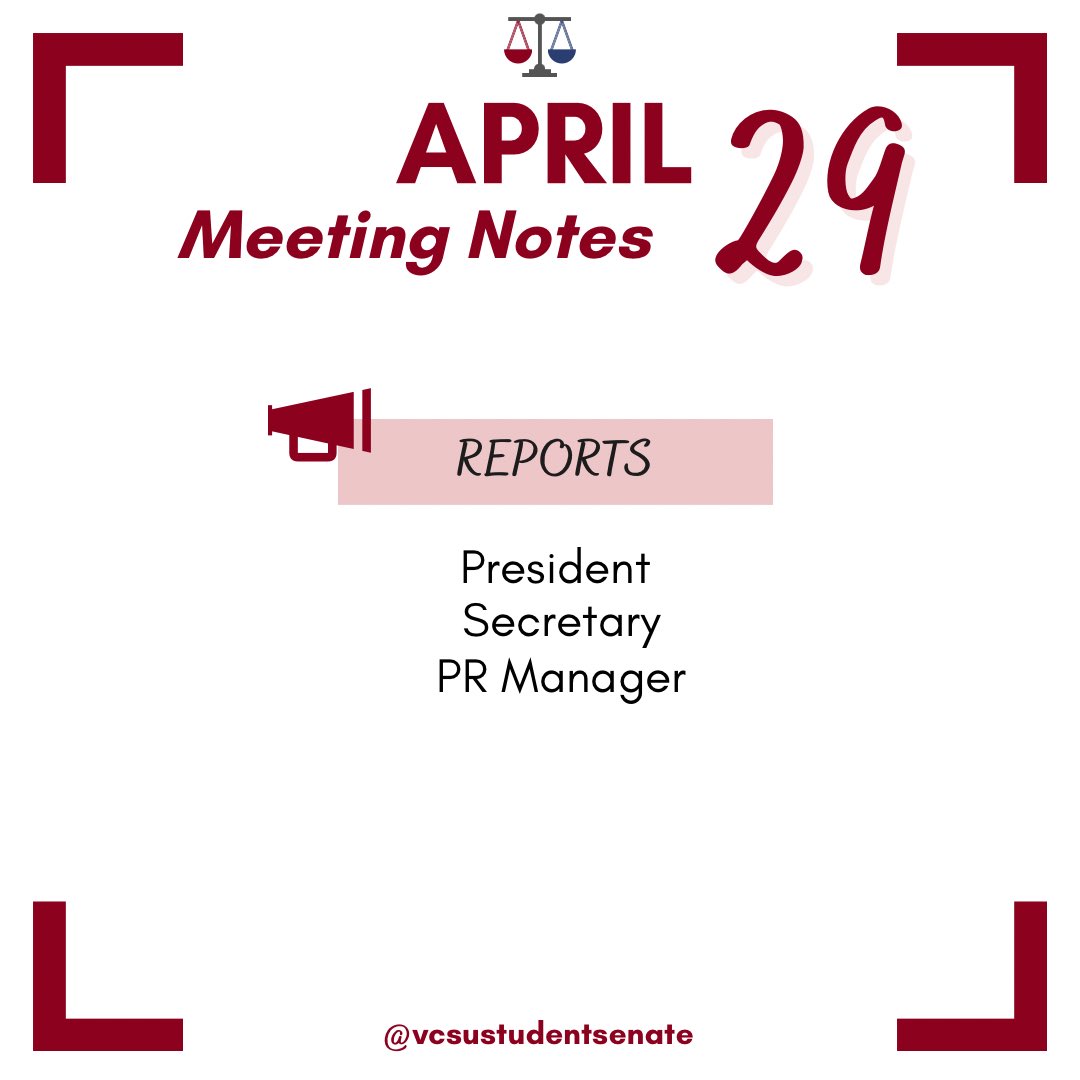 💼 In this week's meeting...  

📷 For more information on these topics, check out the full post on our Instagram!  

#MeetingNotes #StudentSenate #StudentGovernment #VCSUStudentSenate