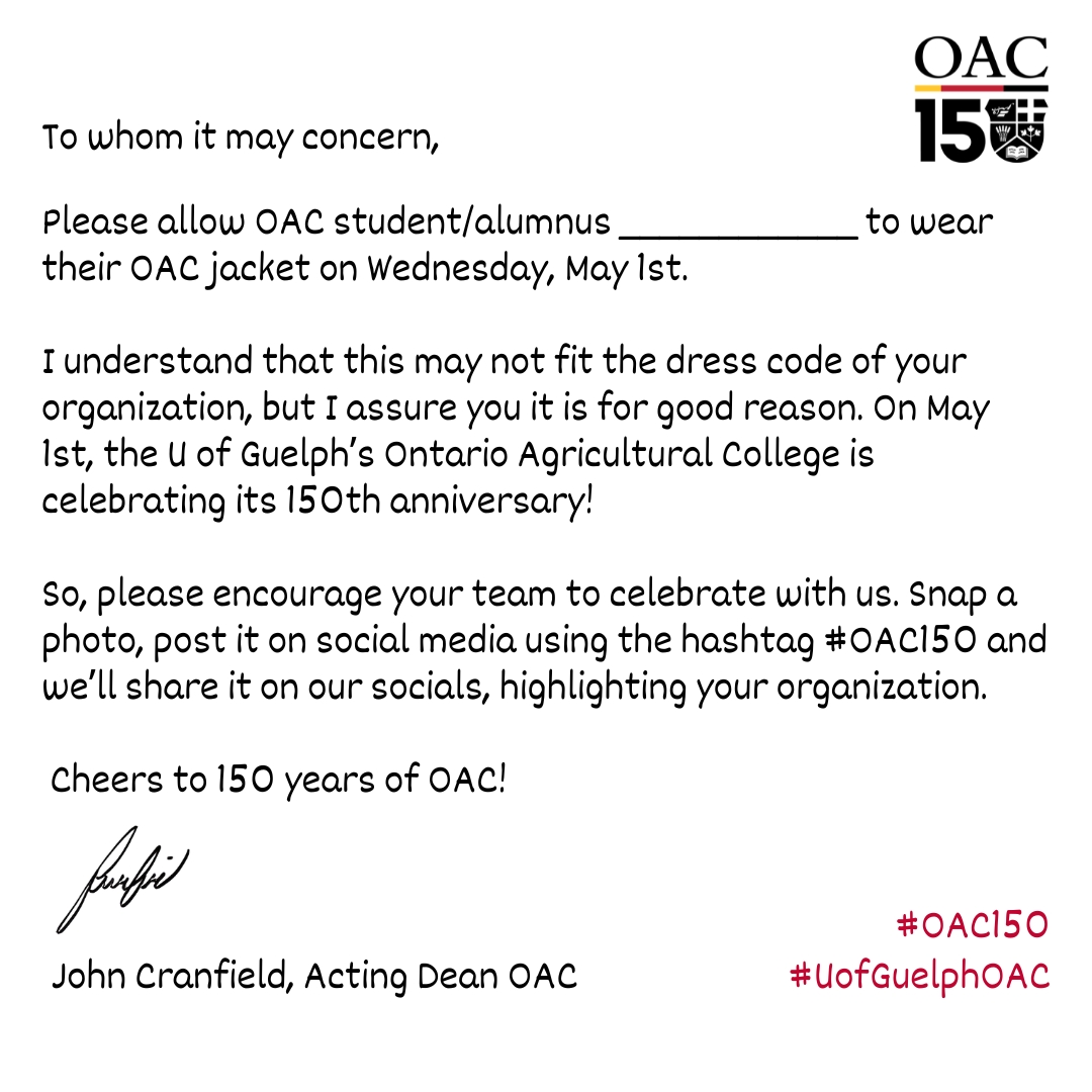 Need an excuse to sport your OAC jacket at work on May 1st? We've got you covered with this letter! Celebrate 150 years of OAC with us by showing your spirit on May 1st! Snap a photo in your jacket and share it on social media using the hashtag #OAC150.