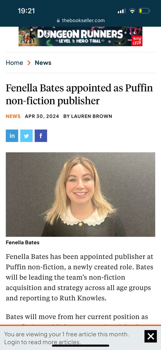 So proud of my incredible wife @fenellabates1, who has after 10 years at Penguin (racking up over 25 no.1 bestsellers as editor/publisher while there) is now going to rock the world of non-fiction publishing at Puffin. Read all about it to here: thebookseller.com/news/fenella-b…