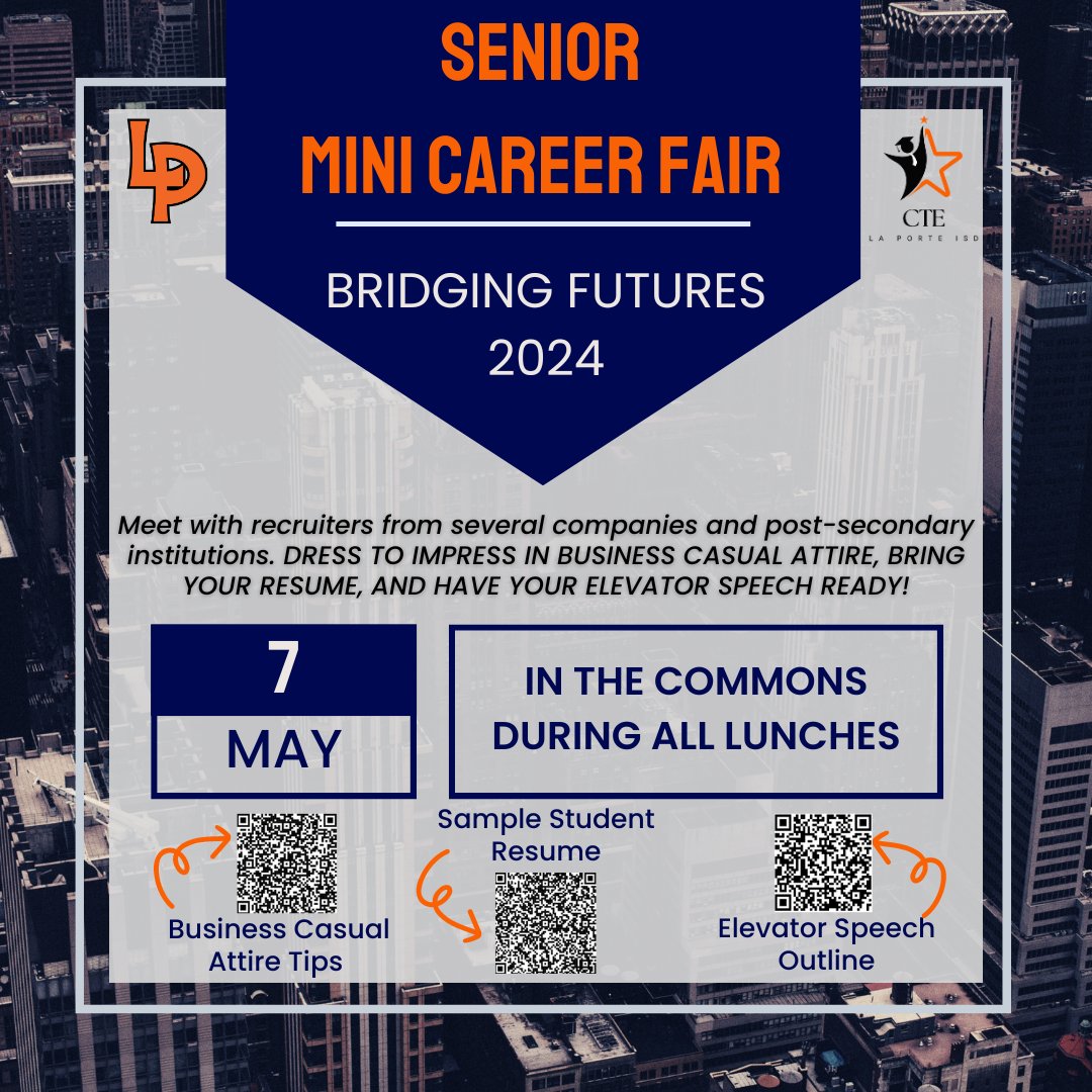 Attention Seniors! Join us in the Commons on May 7th for a Mini Career Fair just for YOU! Employers - If interested in participating, there is still time. Email lopezm@lpisd.org @lpisd @LaPorteTXHS