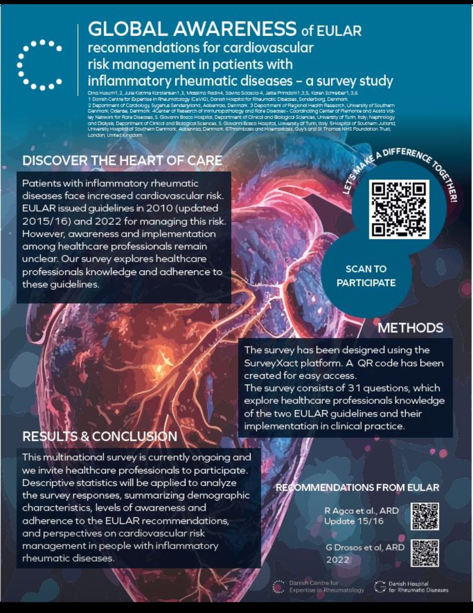 🚨Please help us to help our patients! Everyone involved in the care of patients with #rheumatic diseases #RMDs: take a moment to explore the awareness of #EULAR #cardiovascular disease #CVD guidelines: lnkd.in/dhEBtkiD @EMEUNET @eular_org @jetteprimdahl1