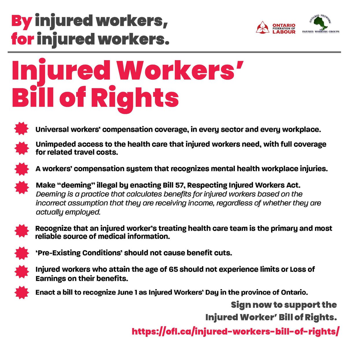 The Injured Workers' Bill of Rights outlines the MINIMUM rights that the provincial government must guarantee to ensure just and non-discriminatory treatment for #InjuredWorkers. 

Sign this bill of rights, by injured workers, for injured workers: bit.ly/4bfkkFO
#OnLab