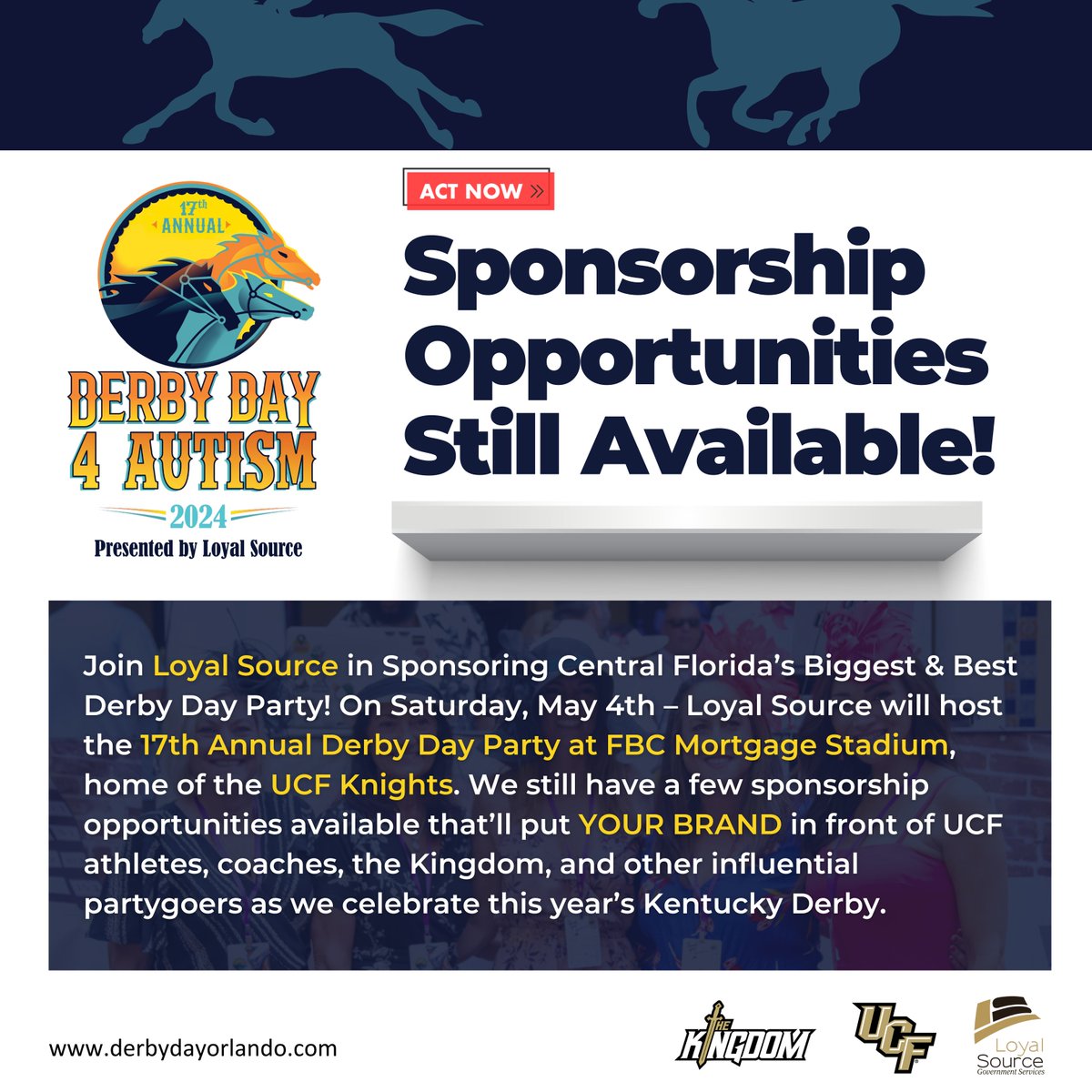 There's still time to register as a sponsor for the 17th Annual Derby Day 4 Autism, presented by Loyal Source.
eventbrite.com/.../17th-derby…...
#derbyday4autism #derbydayorlando #derbydy2024 #sponsorshipopportunity #ucfknights #chargeon