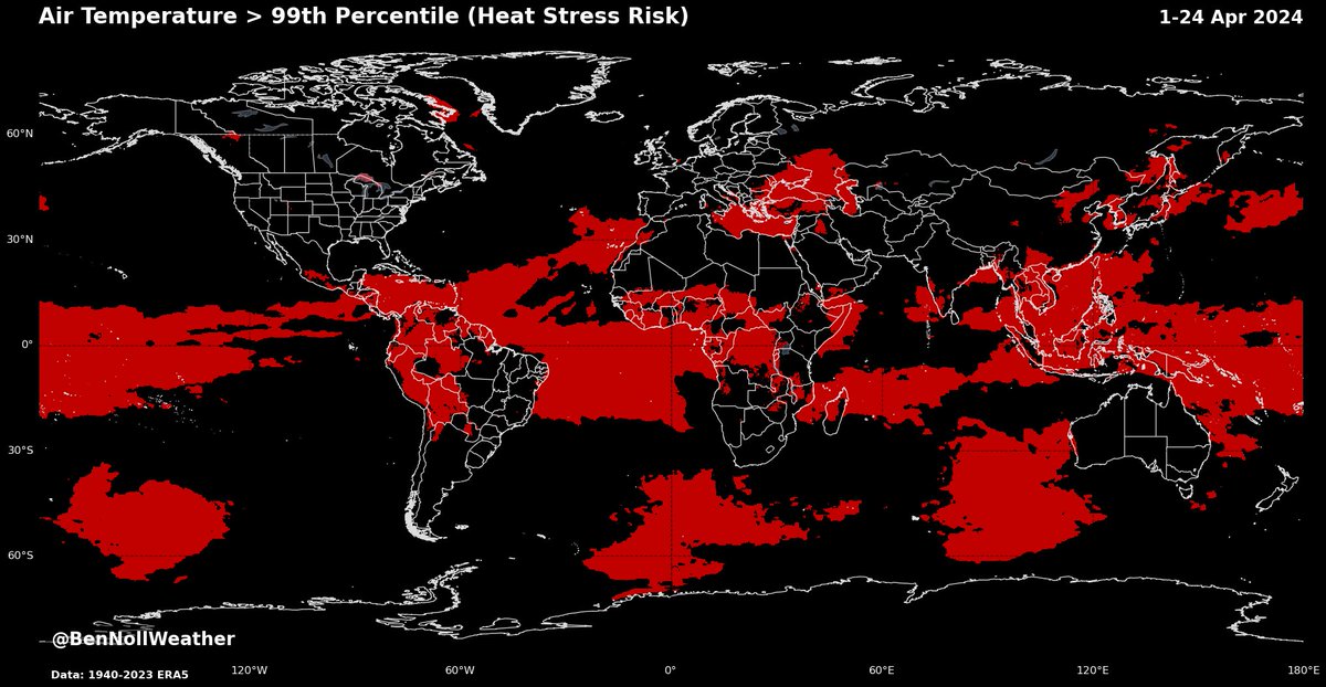 It may be cool in your corner of the world, but a large proportion of the planet is experiencing excessive heat, especially in the tropical band 🔥 This map highlights areas (🔴) where temperatures during April were above the 99th percentile for the month (very unusually warm /