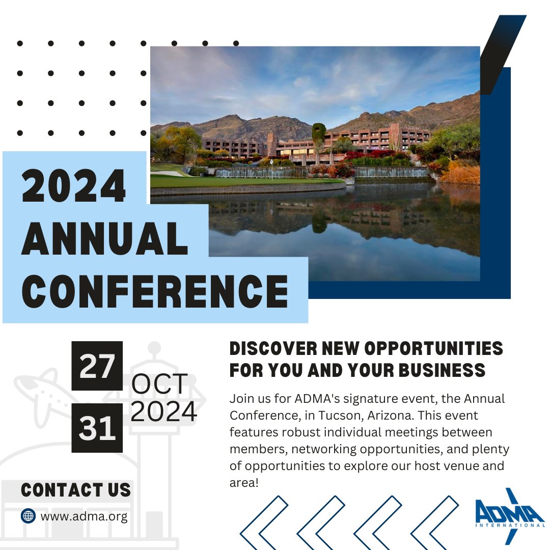 Do you have the ADMA International Annual Conference on your calendar yet? Join us in Tucson, Arizona, for this phenomenal networking and unprecedented business development opportunity. We hope to see you there!✈️

#ADMA #AnnualConference #JoinUs