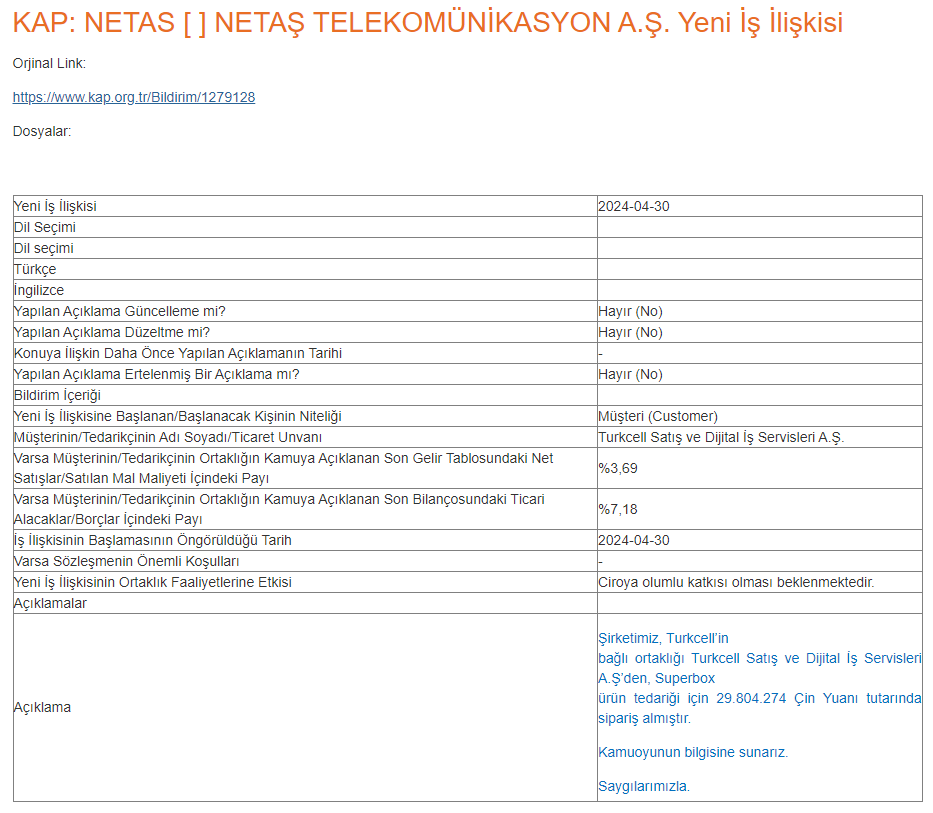 KAP: NETAS [ ] NETAŞ TELEKOMÜNİKASYON A.Ş. Yeni İş İlişkisi #netas #tcell