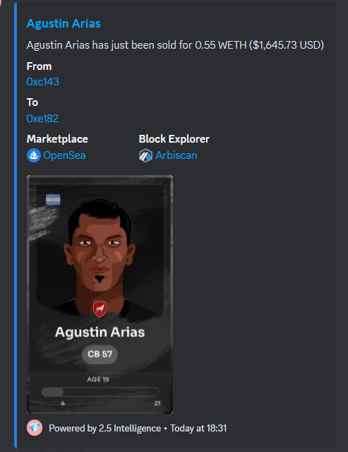 The @Footium transfer record just got smashed! 🪟🔨 0.55 ETH (~$1645) for Division 1 youth prospect Agustin Arias, with a max potential of 78! Things are starting to heat up... 👀