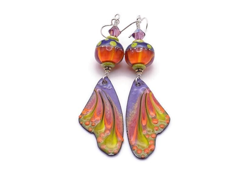 #Lampwork #Enamel #ButterflyWing #Earrings, Purple Orange Lime #Handmade Jewelry bit.ly/WingsButterfly… #cctag @Victorian_ST
