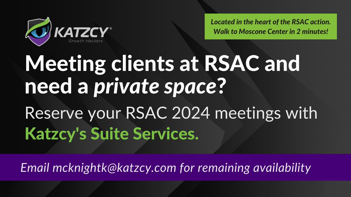 Are you all set for #RSAConference but realize a private space to connect with your clients is missing? Reserve your meeting space with Katzcy Suite Services. We provide the meeting suite and refreshments, snacks, and office supplies.

#meetingsuite #RSAC2024 #clientmeetings