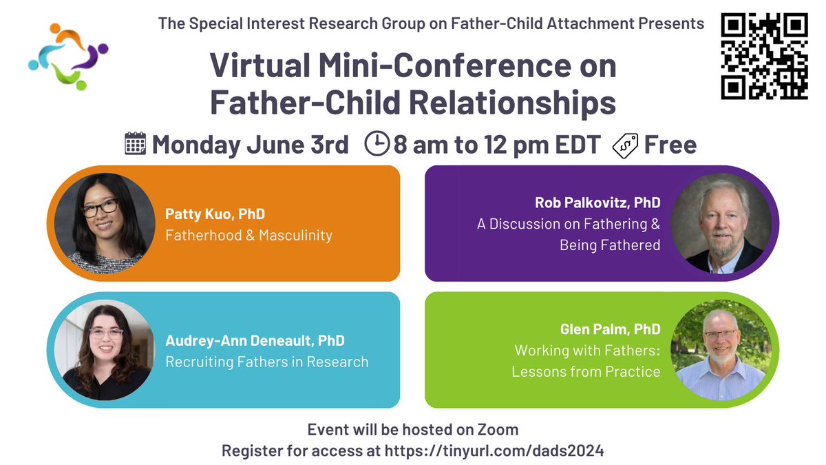 🚨 Very excited to share that the <a href="/SIRG_FCAR/">SIRG FCAR</a> will be hosting another virtual mini-conference on June 3rd! This will be another opportunity to come together and discuss #fathering research! 👨‍👧 Register now at: tinyurl.com/dads2024
