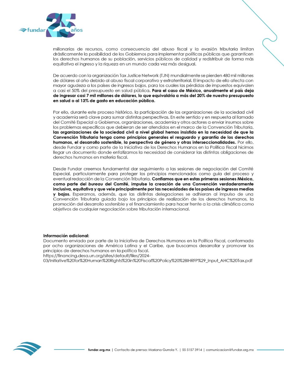 @ElFinanciero_Mx @eleconomista @Reforma @elpaismexico @AristeguiOnline @proceso @El_Universal_Mx @Milenio @SinEmbargoMX @Pajaropolitico @TaxJusticeNet México, como parte de la mesa de trabajo en la ONU del Comité Especial, tiene la oportunidad de poner fin a los abusos fiscales globales y ampliar los recursos disponibles para los derechos humanos.  Aquí nuestro 𝗰𝗼𝗺𝘂𝗻𝗶𝗰𝗮𝗱𝗼: i.mtr.cool/kzwxiazomu