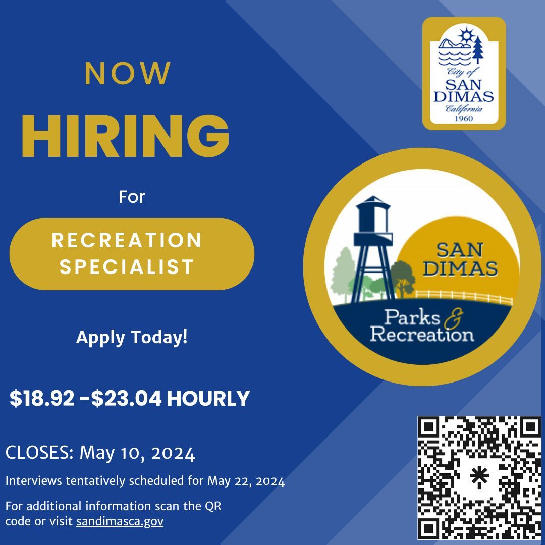 The City of San Dimas is now accepting applications for Recreation Specialist! Hourly: $18.92-$23.04 Closes: May 10, 2024 Interviews tentatively scheduled for May 22, 2024 To apply and for more information see the link in our bio.