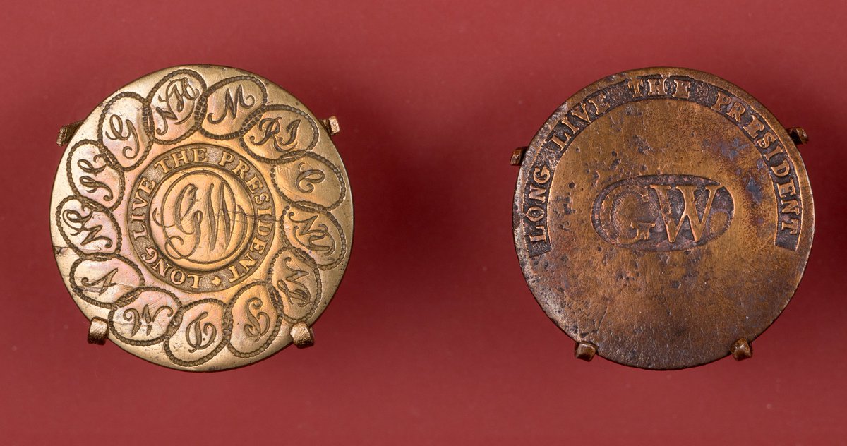 These patriotically-decorated buttons in the Museum's collection are thought to have been first produced for George Washington's presidential inauguration #onthisday in 1789. Download instructions to color your own inaugural buttons! 🖍️: bit.ly/3tW8vQ2