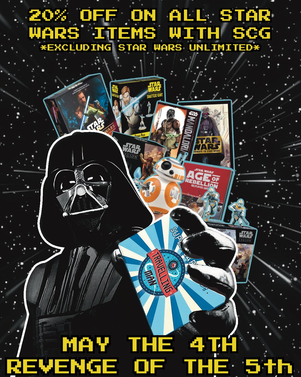 Star Wars day is fast approaching! This May the 4th (be with you) and Revenge of the 5th, we will have a 20% off all Star Wars items* with a Super Card Go! Come on down this Star Wars weekend for some great deals! *excluding Star Wars Unlimited.
