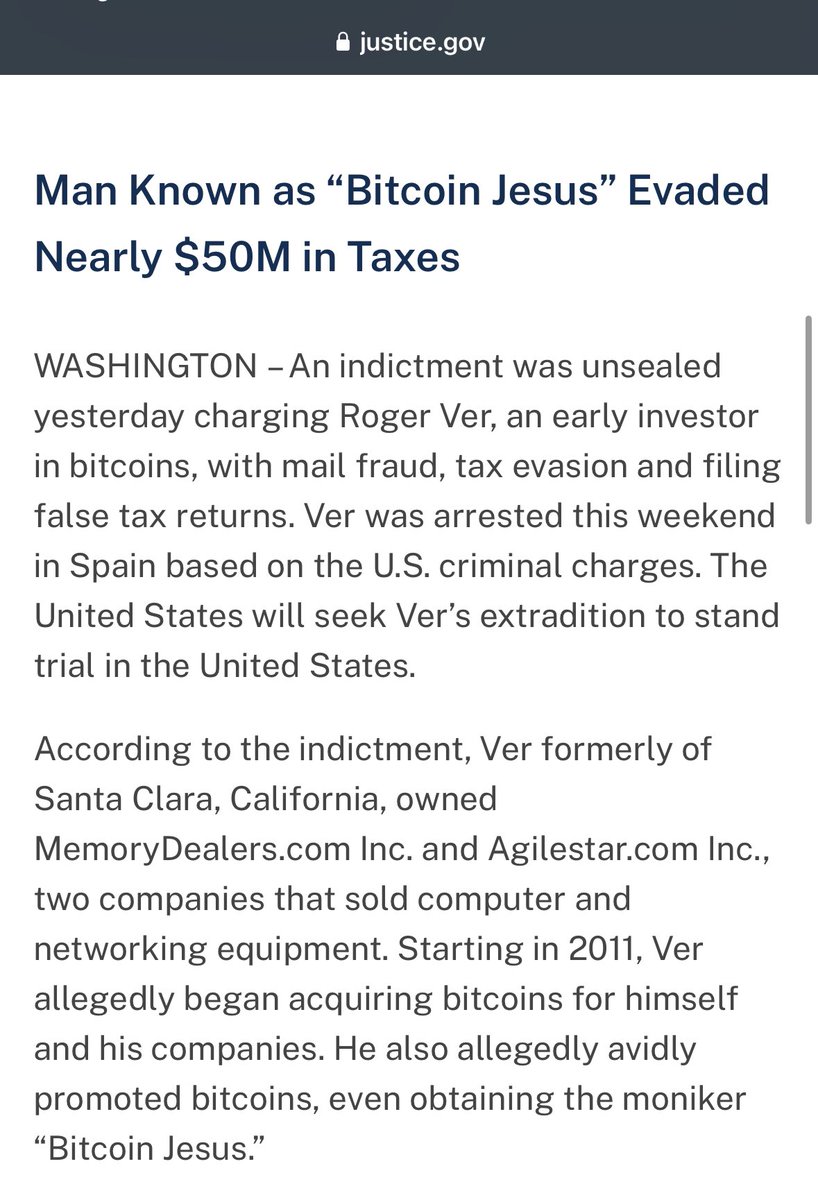 Breaking : Roger Ver charged for tax fraud by 🇺🇸DOJ. He was also arrested in Spain & U.S will seek to extradite him to US for trail.