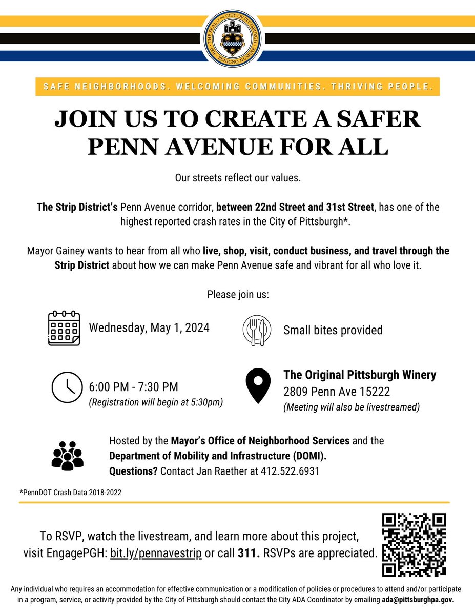 The Strip District needs our input! With one of the highest crash rates in Pittsburgh, it's crucial we come together to make Penn Avenue safer. Join @MayorEdGainey TOMORROW at The Original Pittsburgh Winery to help secure our streets! Register here: bit.ly/4blVqEx