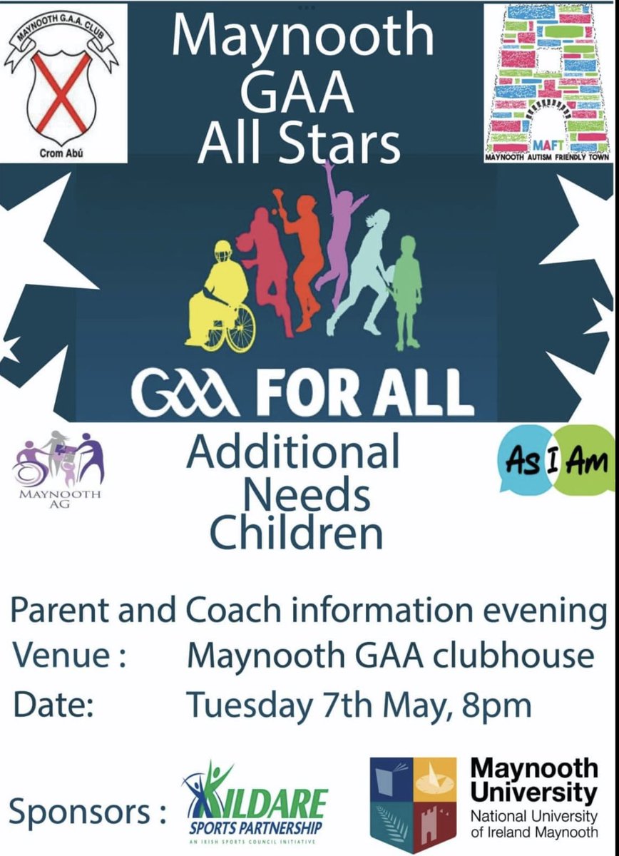 Parent and Coach information evening , Tuesday the 7th May at 8pm in Maynooth GAA club house. #GAAforAll  #GAAAllSTARS #Inclusion #Sportsforall